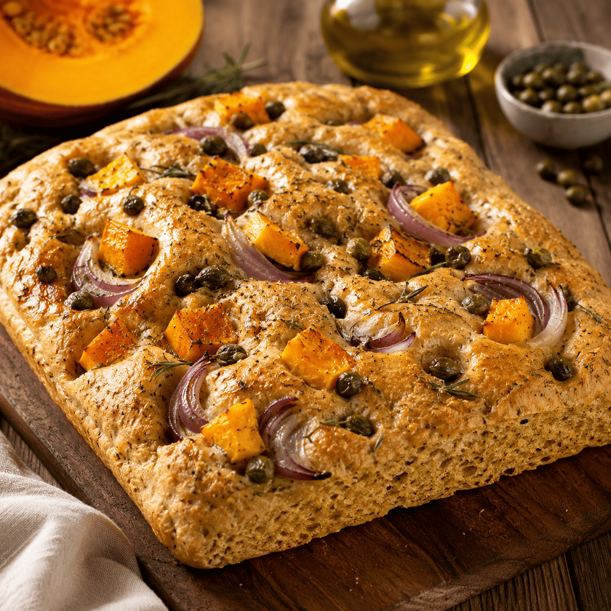 Focaccia integral com abóbora, cebola e alcaparras